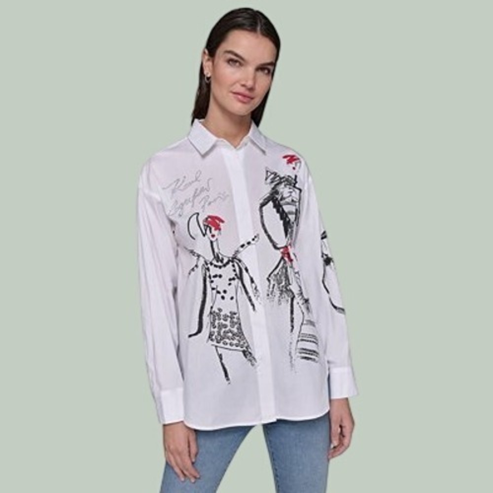 Karl Lagerfeld Paris Womens Blouse S White Cotton Fashion Sketch Graphic Shirt